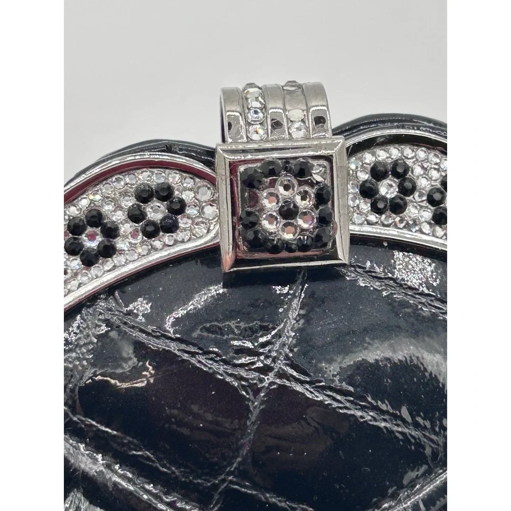 VTG. Black Patent Croc Embossed Clutch Rhinestone Floral Evening Bag Chain Strap